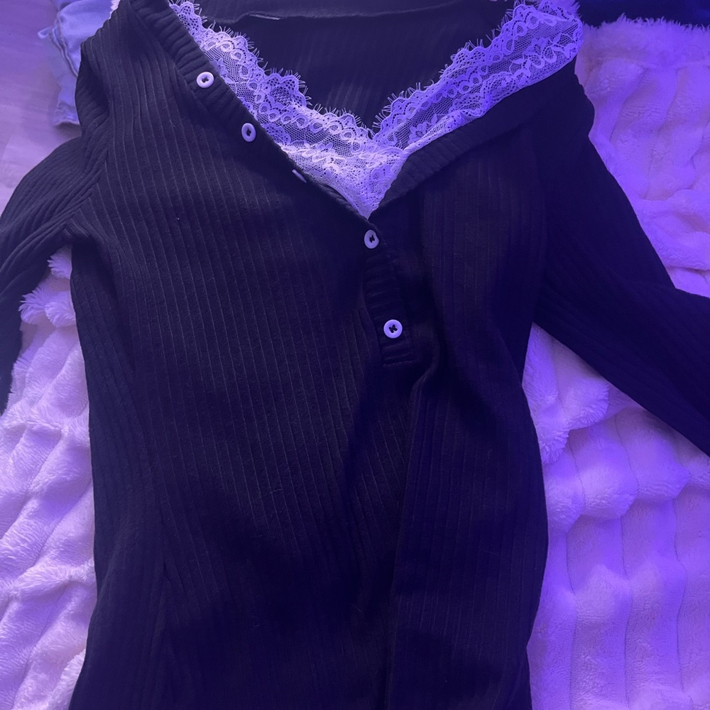 Black Ribbed long sleeve Top with Lace Trim